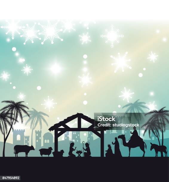 Silhouette Manger Merry Christmas Design Design Stock Illustration - Download Image Now - Nativity Scene, Border - Frame, Virgin Mary