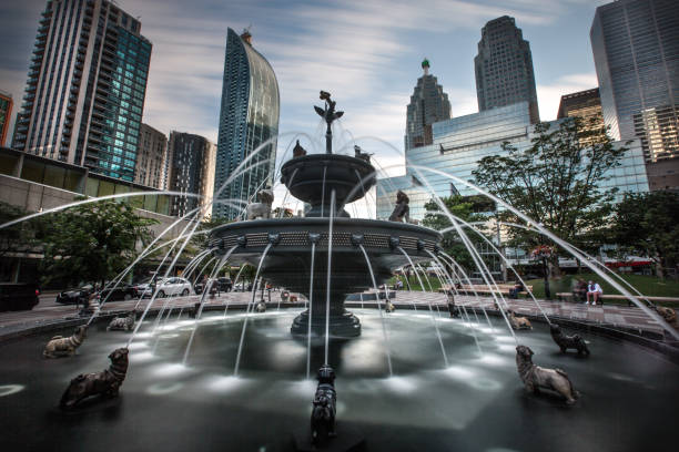 A long exposure at Toronto's Berczy Park in the downtown district.