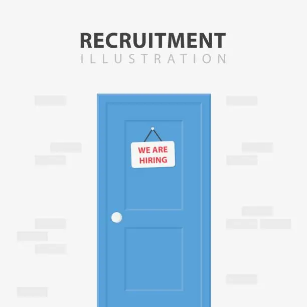 Vector illustration of Door with a Vacancy Sign. Business Hiring and Recruiting Concept