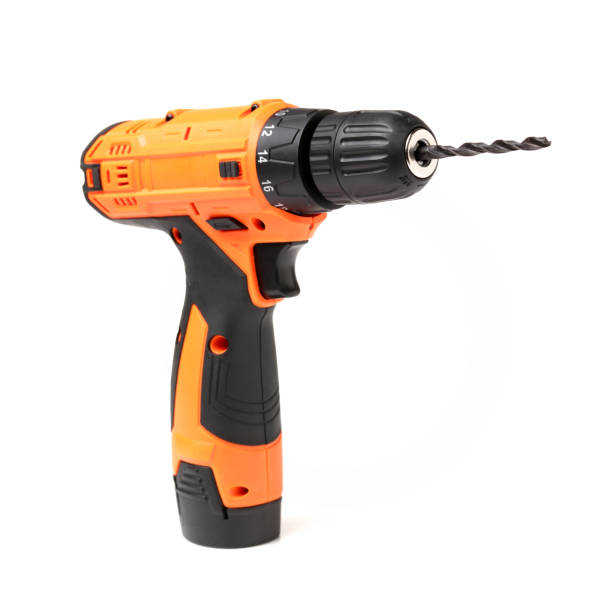 Cordless drill with twist bit on the white background