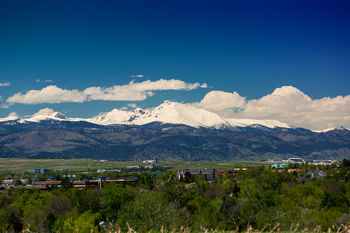Wide shot of several front range cities, Rocky Mountain Airport, the foothills above Boulder, and Longs Peak.