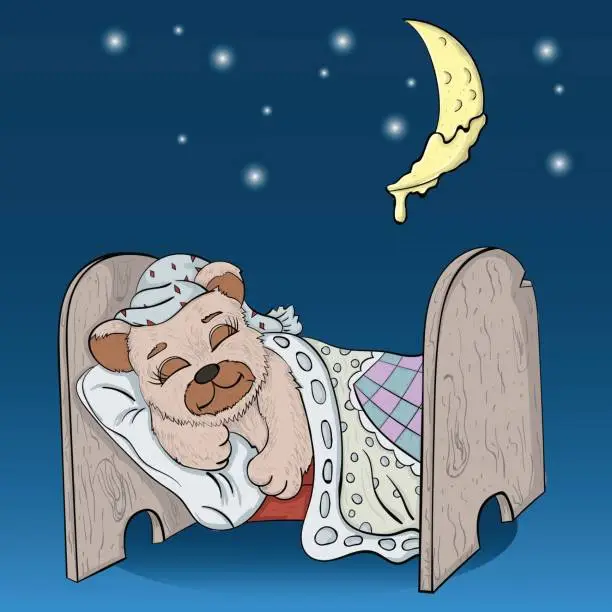 Vector illustration of little bear boy sleeps in bed