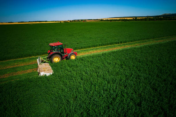 istock Agricultural Tractor mowing green field, aerial view 848025324