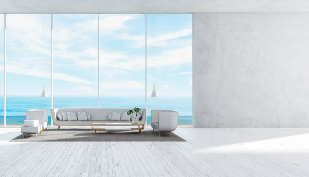 istock Modern Living room with sofa set concrete wall panorama sea view summer 3d rendering 848032752