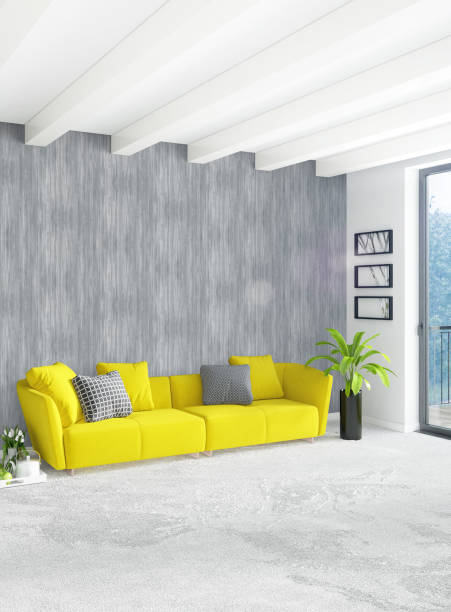 istock White bedroom minimal style Interior design with wood wall and grey sofa. 3D Rendering. 3D illustration 848043902