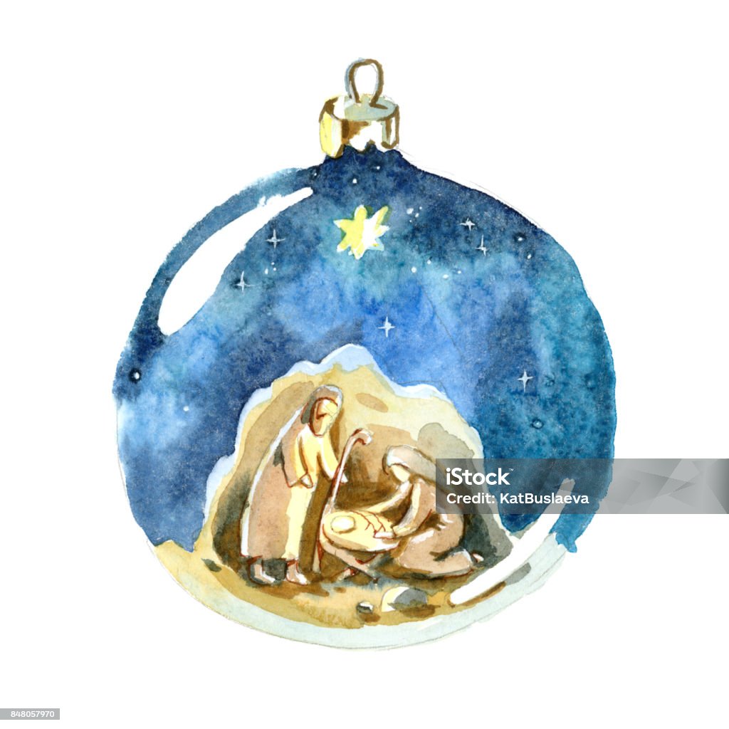 Watercolor Christmas ball. Christmas decorations.  Holy family, Joseph, Mary and newborn Jesus drawing in Christmas ball. Nativity Scene stock illustration