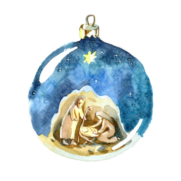 Watercolor Christmas ball. Christmas decorations. Holy family, Joseph, Mary and newborn Jesus drawing in Christmas ball. Watercolor Christmas ball. Christmas decorations. Holy family, Joseph, Mary and newborn Jesus drawing in Christmas ball. nativity-scene stock illustrations