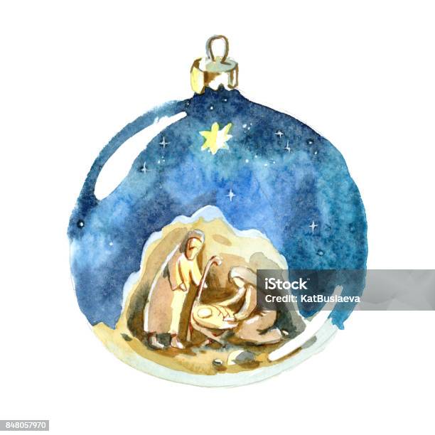 Watercolor Christmas Ball Christmas Decorations Holy Family Joseph Mary And Newborn Jesus Drawing In Christmas Ball Stock Illustration - Download Image Now