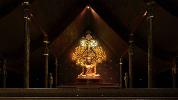 ouro cor da imagem de buda meditando com dois discípulo rezando na frente e ficus árvore nas costas. - tibet monk architecture india - fotografias e filmes do acervo