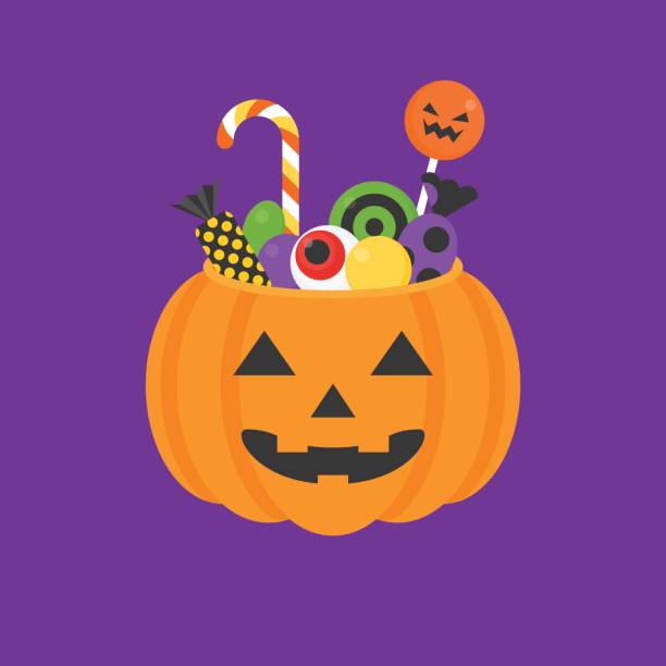 джек о фонарь чаша хэллоуин для трюка или лечения значок и конфеты, леденец в плоском дизайне - halloween candy illustrations stock illustrations