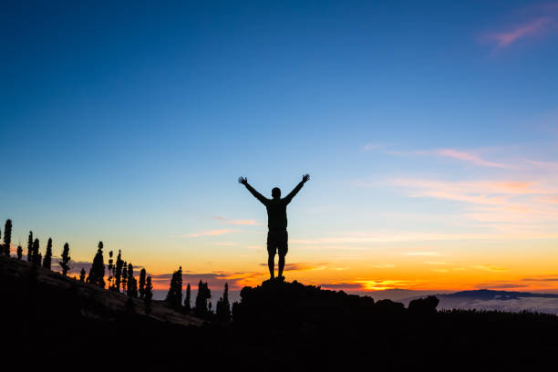 uomo che celebra il tramonto con le braccia tese in montagna - aspirations men human arm arms outstretched foto e immagini stock