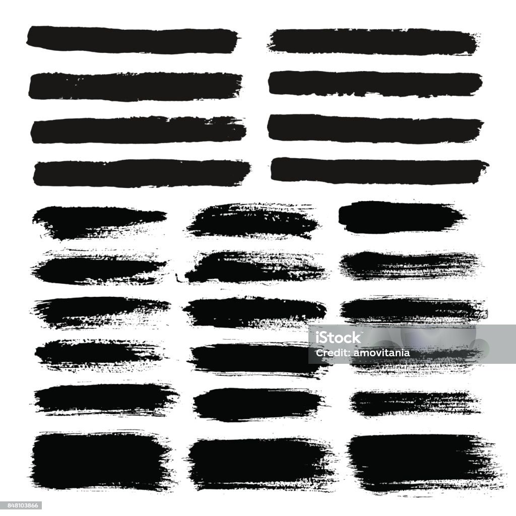 Brush Strokes Painted Text Bokes Brush Strokes Set. Painted text boxes. Sketchy hand drawn design elements. Distress scratch texture. Paintbrush on paper. Black and white vector illustration Paintbrush stock vector