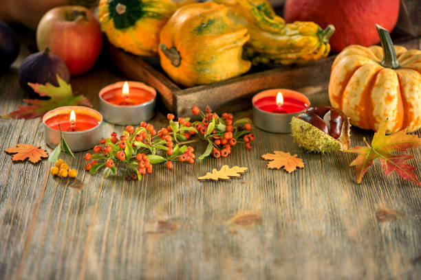 istock Autumn table setting with pumpkings and candles, fall home decoration for festive dinner 848111976
