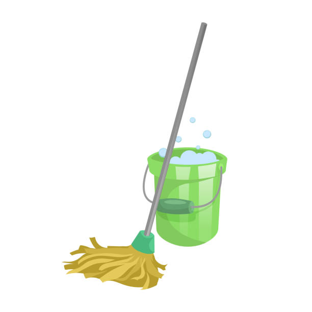 Cartoon house and apartment cleaning service icon. Old dry mop with handle and green plastic bucket with bubbles. Simple colors and gradient vector illustration. Cartoon house and apartment cleaning service icon. Old dry mop with handle and green plastic bucket with bubbles. Simple colors and gradient vector illustration. EPS10 + JPEG preview. manual worker house work tool equipment stock illustrations