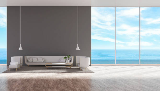 istock Modern Living room with sofa set grey wall panorama sea view summer 3d rendering 848119474