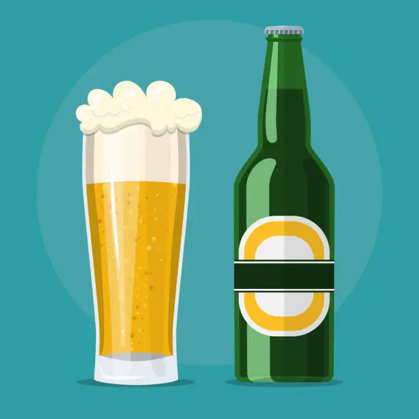 Vector illustration of glass of beer and bottle flat icon