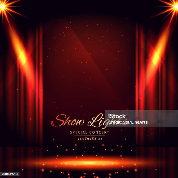 Open Red Curtains Theater Background Stock Illustration - Download Image Now - Stage - Performance Space, Spotlight, Curtain