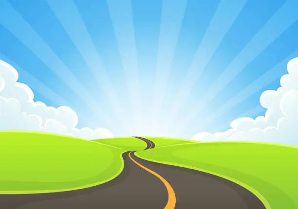 Vector illustration of Country Road Snaking With Blue Sky And Sunbeams