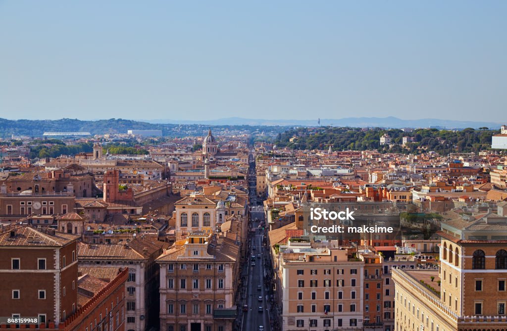 Panoramic view from monument of Vittorio Emanuele Panoramic view of Rome from the observation deck on the monument of Vittorio Emanuele 2017 Stock Photo