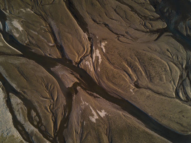 Top view on river delta and meadows