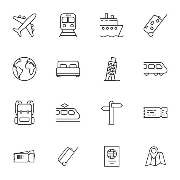 reisen sie icons set auf weißem hintergrund - cruise ship interface icons vector symbol stock-grafiken, -clipart, -cartoons und -symbole