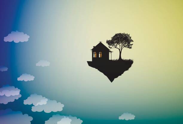 istock house and tree on flying rock, where the god lives, home on the heavens, 848184348