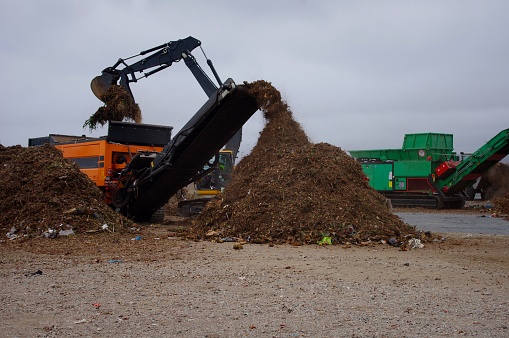 Conveyor processing compost at a landfill from consumer collection program