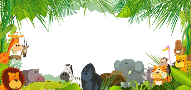 postkarte mit afrikanischen wildtieren - ostrich ape animal monkey stock-grafiken, -clipart, -cartoons und -symbole