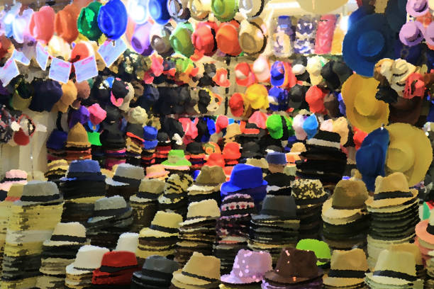 размытое изображение бесчисленных красочных шляп и многих шляпных стеков в шляпном магазине для фона - hat shop стоковые фото и изображения