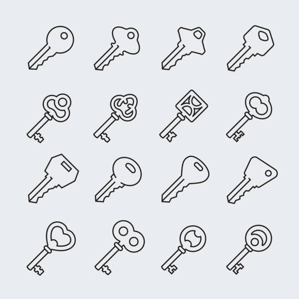 Set of different keys in outline style Set of different keys in outline style key illustrations stock illustrations