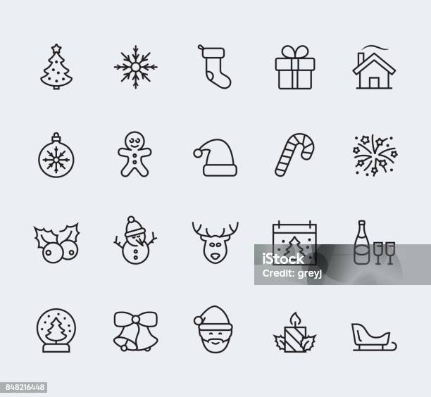 Christmas And New Year Icon Set In Thin Line Style Stock Illustration - Download Image Now - Christmas, Icon Symbol, Line Icon