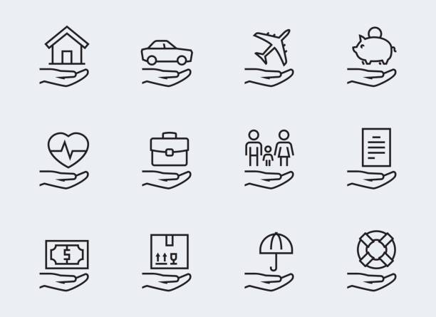 страхование связанных значок набор в тонкой линии стиль - insurance symbol computer icon car stock illustrations