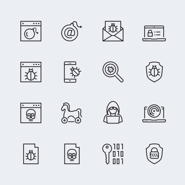 computervirus, digitalen schutz und hacker angriff icon set - computer hacker spy spam safety stock-grafiken, -clipart, -cartoons und -symbole