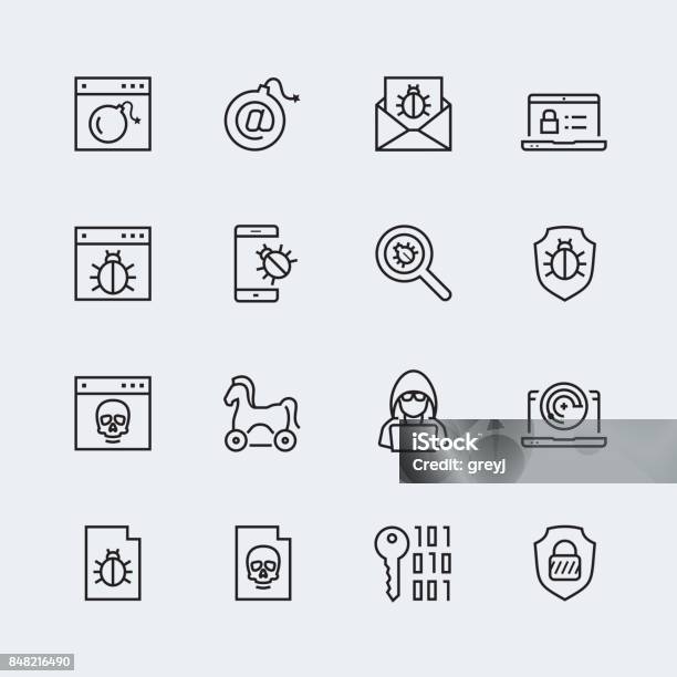 Computer Virus Digital Protection And Hacker Attack Icon Set Stock Illustration - Download Image Now