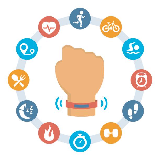 Activity tracker-band and set of related icons Activity tracker-band and set of related icons wrist exercise stock illustrations