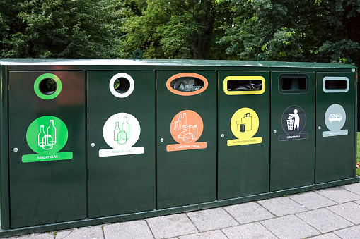 Malmo, Sweden - July 25, 2017: Advanced segregation system with Various types of recycling bins in the public park in Malmo.