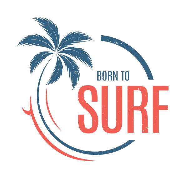ilustrações de stock, clip art, desenhos animados e ícones de born to surf. t-shirt and apparel vector design, print, typography, poster, emblem with palm tree and surfboard. - surf