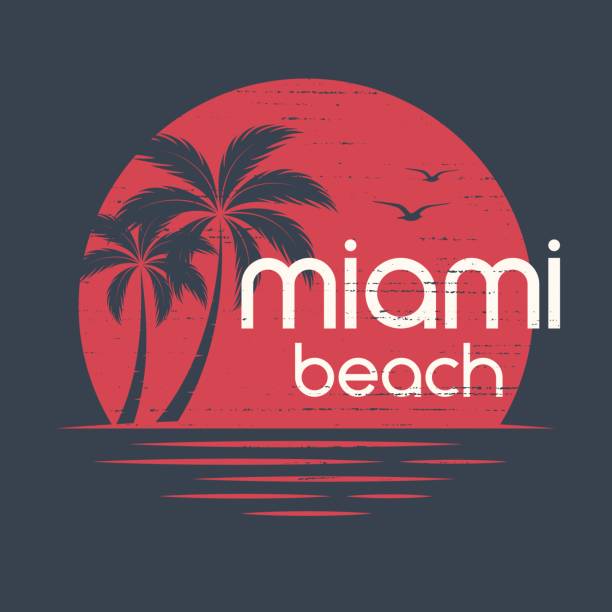 illustrazioni stock, clip art, cartoni animati e icone di tendenza di tramonto a miami. t-shirt e design vettoriale di abbigliamento, stampa, tipografia, poster, emblema con palme. - letter t illustrations