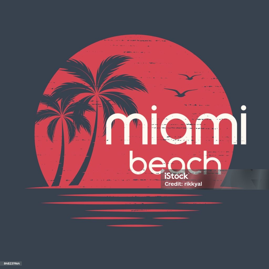 Miami sunset. T-shirt and apparel vector design, print, typography, poster, emblem with palm trees. Beach stock vector