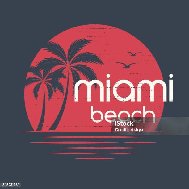 Miami Sunset Tshirt And Apparel Vector Design Print Typography Poster Emblem With Palm Trees Stock Illustration - Download Image Now