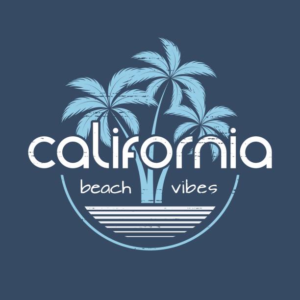 ilustraciones, imágenes clip art, dibujos animados e iconos de stock de california beach rollo t-shirts y ropa vector diseño, impresión, tipografía, cartel, emblema con palmeras. - camiseta con logotipo