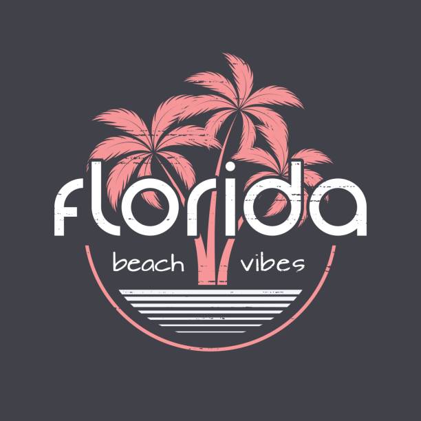 ilustraciones, imágenes clip art, dibujos animados e iconos de stock de florida playa onda t-shirts y ropa vector de diseño, impresión, tipografía, cartel, emblema con palmeras. - miami beach