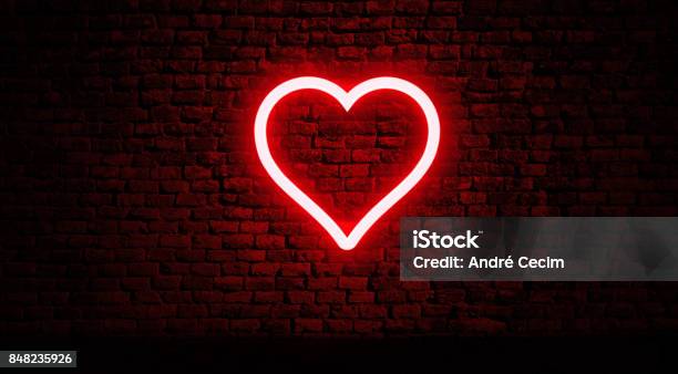 Neon Heart On Brick Wall Stock Photo - Download Image Now - Heart Shape, Love - Emotion, Neon Lighting