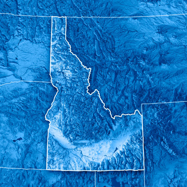 idaho state usa 3d-render topographische karte blau umrandet - snake river canyon stock-fotos und bilder