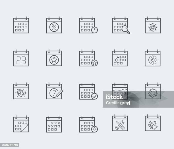 Vector Calendar Icon Set In Thin Line Style Stock Illustration - Download Image Now - Calendar, Line Icon, Event