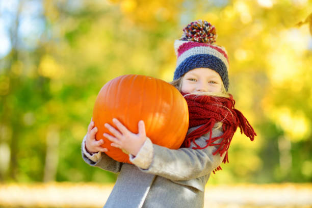 パンプキン パッチに美しい秋の一��日を楽しんでのかわいい女の子 - pumpkin child little girls pumpkin patch ストックフォトと画像