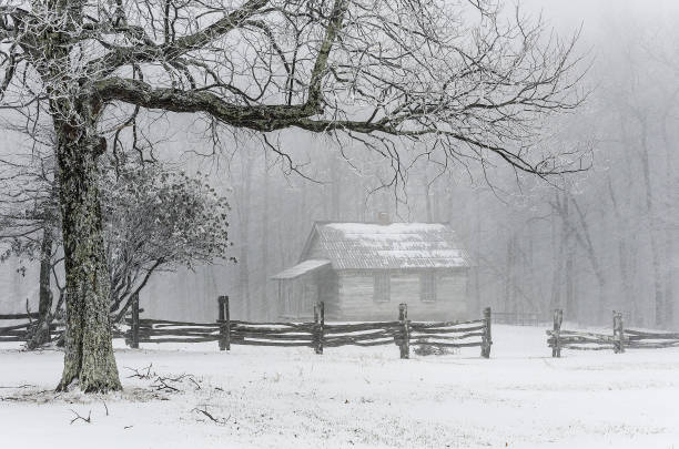 Isolated cabin, winter scenic stock photo