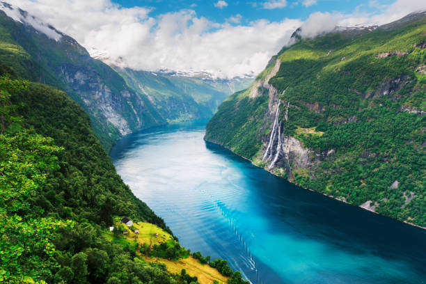 Breathtaking view of Sunnylvsfjorden fjord Breathtaking view of Sunnylvsfjorden fjord and famous Seven Sisters waterfalls, near Geiranger village in western Norway. more og romsdal county stock pictures, royalty-free photos & images