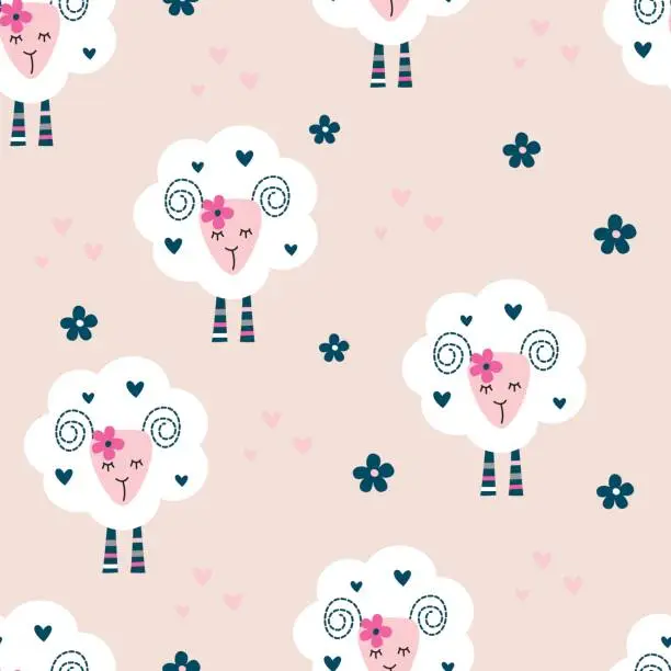 Vector illustration of Seamless pattern with cute sheep and flowers