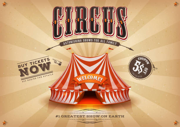 Vintage Old Horizontal Circus Poster Illustration of a retro and vintage brown circus holidays poster background, with marquee, white and red big top, elegant titles, grunge texture and coupon offer circus tent illustrations stock illustrations